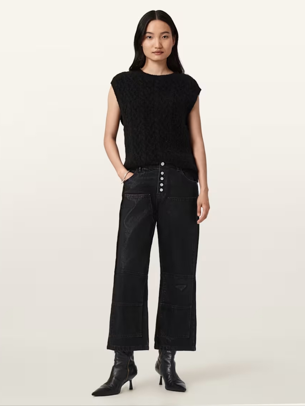 All Saints Coated Black Tay Carpenter Wide-Leg Jeans - Size W26